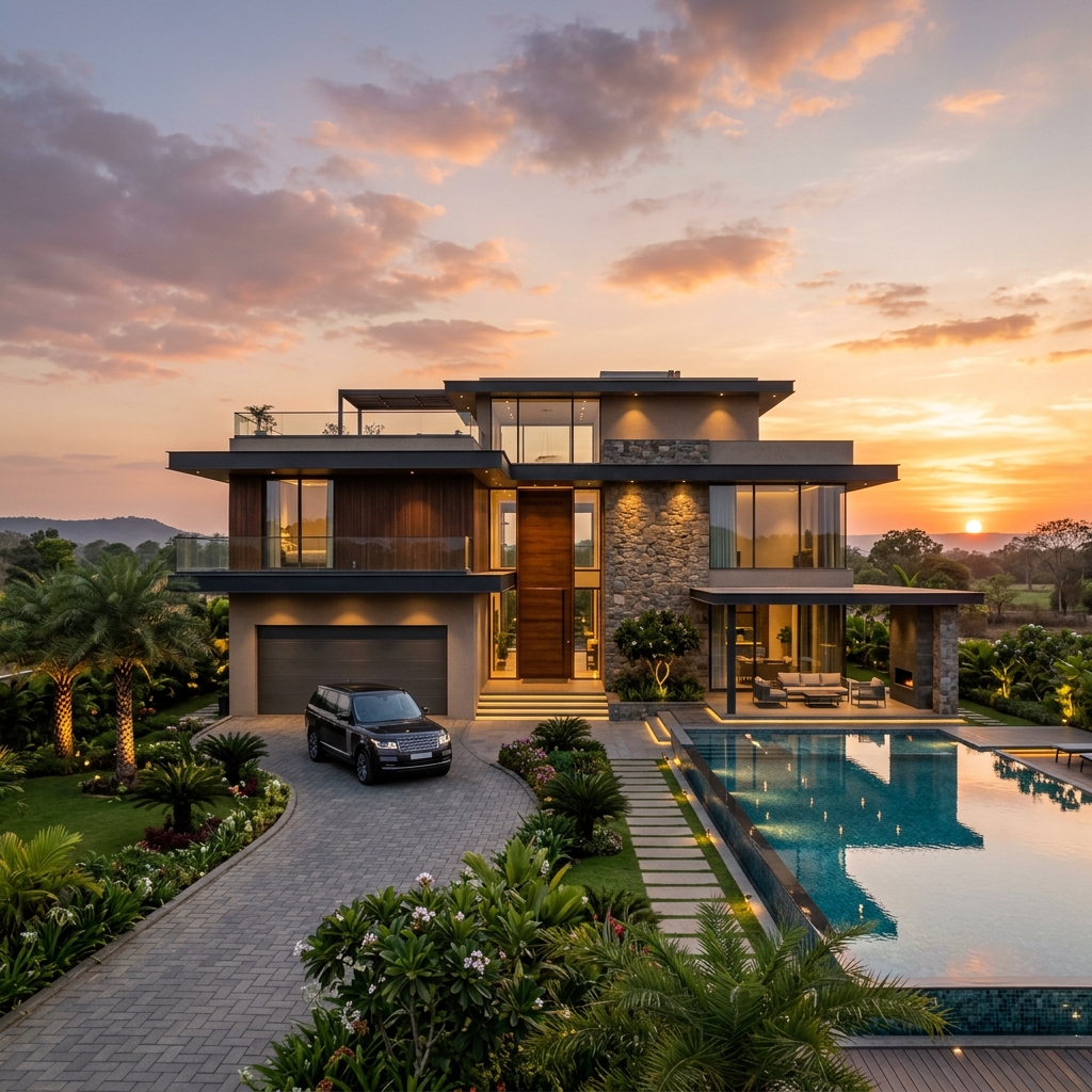 Premium modern Indian independent house exterior at sunset