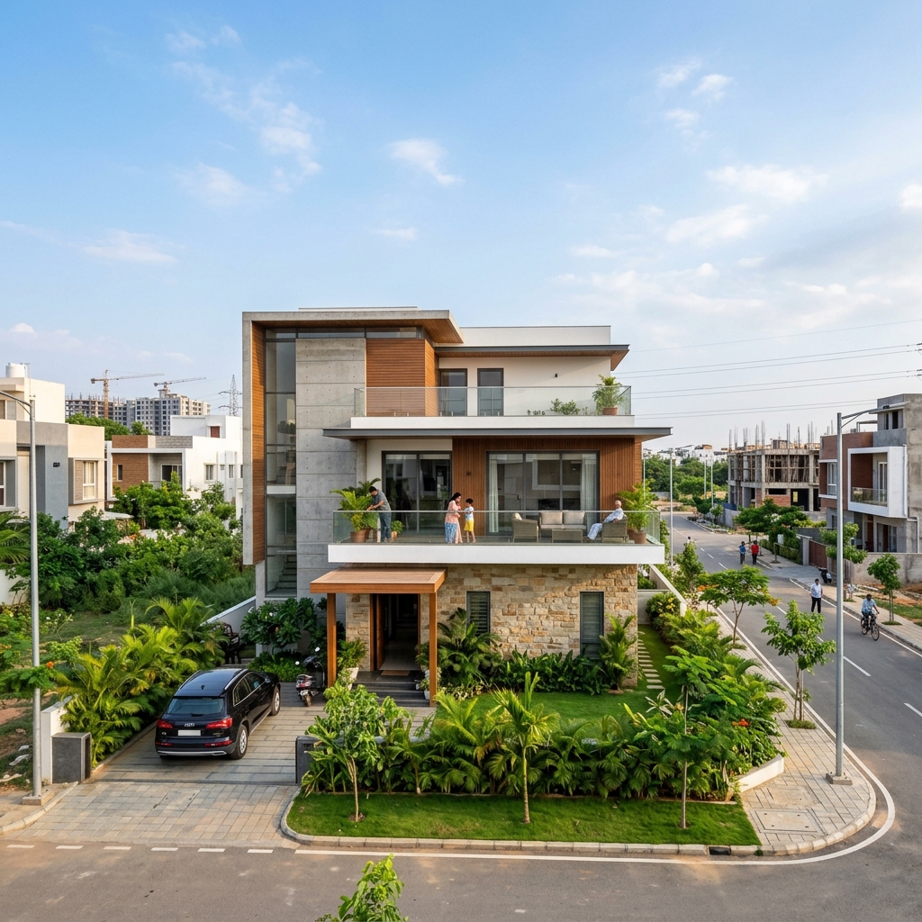 Elegant modern Indian family home in a developing urban neighborhood